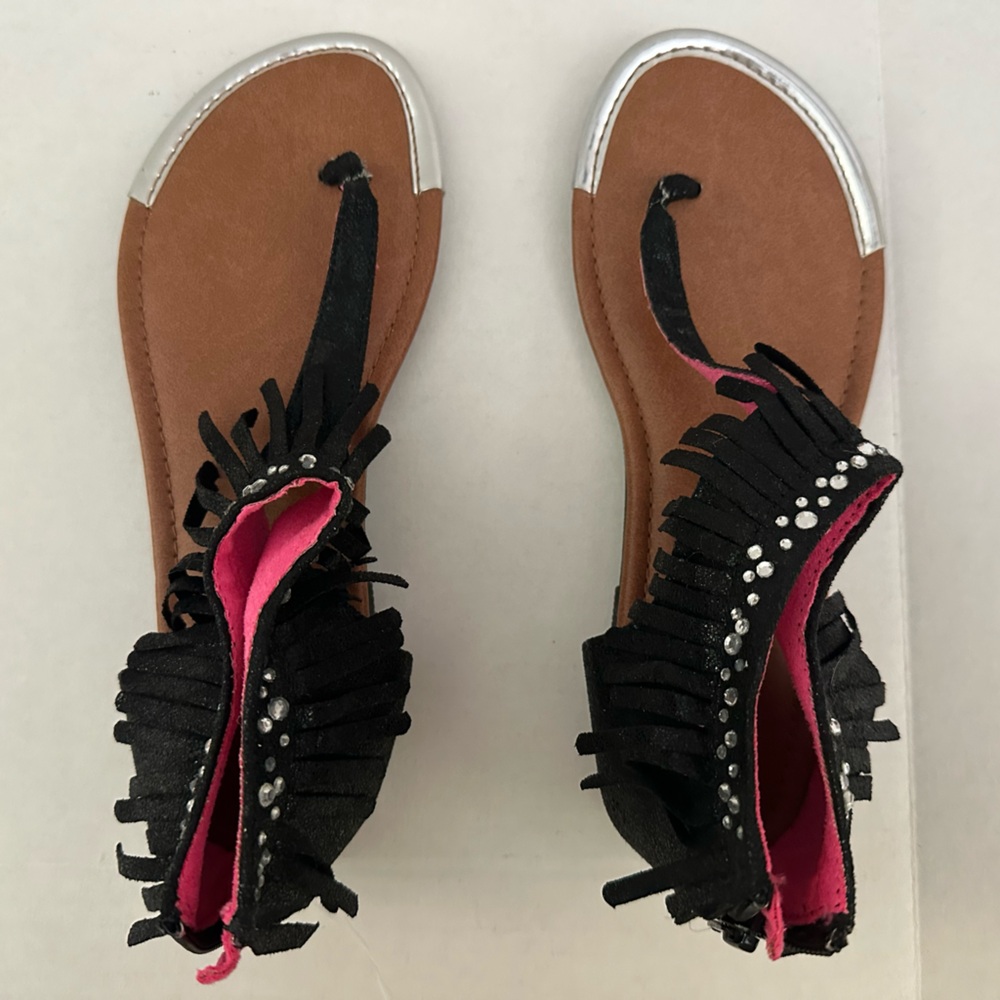 Justice Black Fringe Sandals‎ Size 4